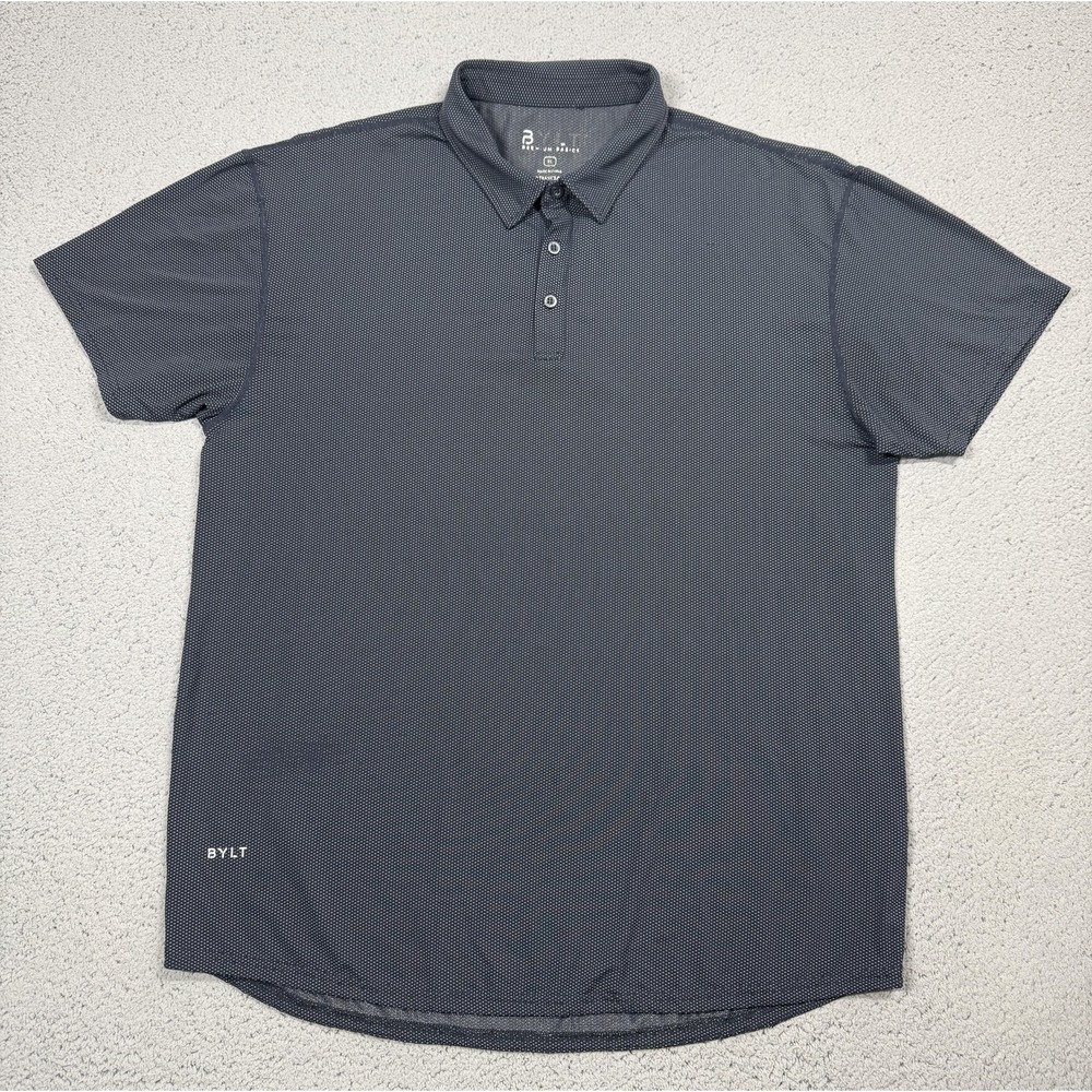 BYLT Polo Shirt Mens XL Blue Geometric Premium Basics Drop-Cut Stretch Casual